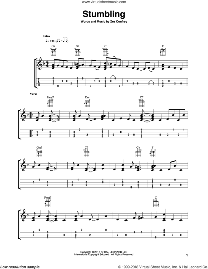Stumbling sheet music for ukulele (easy tablature) (ukulele easy tab) by Zez Confrey and Fred Sokolow, intermediate skill level