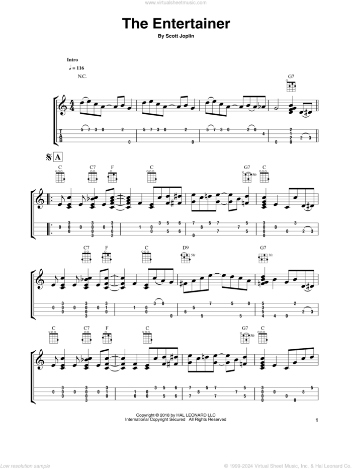 The Entertainer (arr. Fred Sokolow) sheet music for ukulele (easy tablature) (ukulele easy tab) by Scott Joplin and Fred Sokolow, intermediate skill level