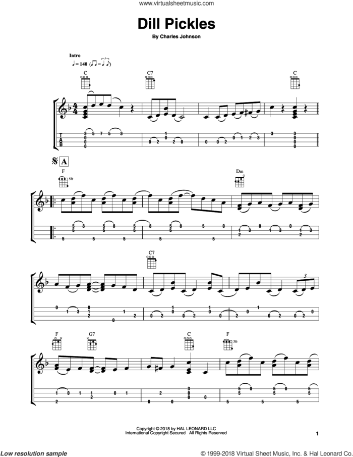 Dill Pickles (arr. Fred Sokolow) sheet music for ukulele (easy tablature) (ukulele easy tab) by Charles Johnson and Fred Sokolow, intermediate skill level