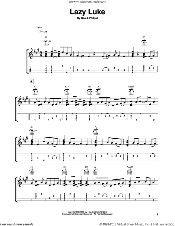 Lazy Luke sheet music for ukulele (easy tablature) (ukulele easy tab) by Fred Sokolow and Geo. J. Philpot, intermediate skill level