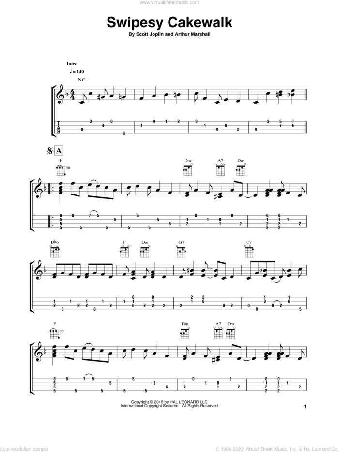 Swipesy Cakewalk (arr. Fred Sokolow) sheet music for ukulele (easy tablature) (ukulele easy tab) by Scott Joplin and Fred Sokolow, intermediate skill level