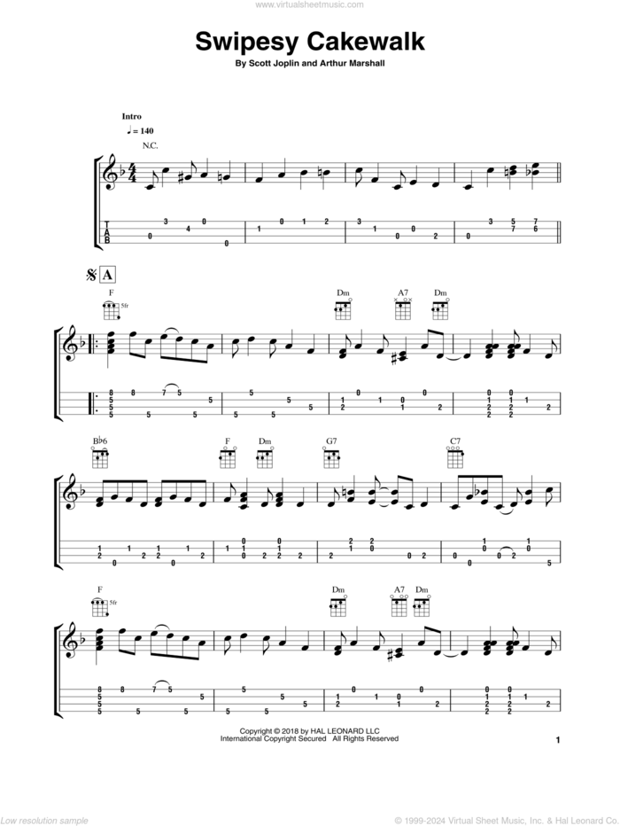 Swipesy Cakewalk (arr. Fred Sokolow) sheet music for ukulele (easy tablature) (ukulele easy tab) by Scott Joplin and Fred Sokolow, intermediate skill level