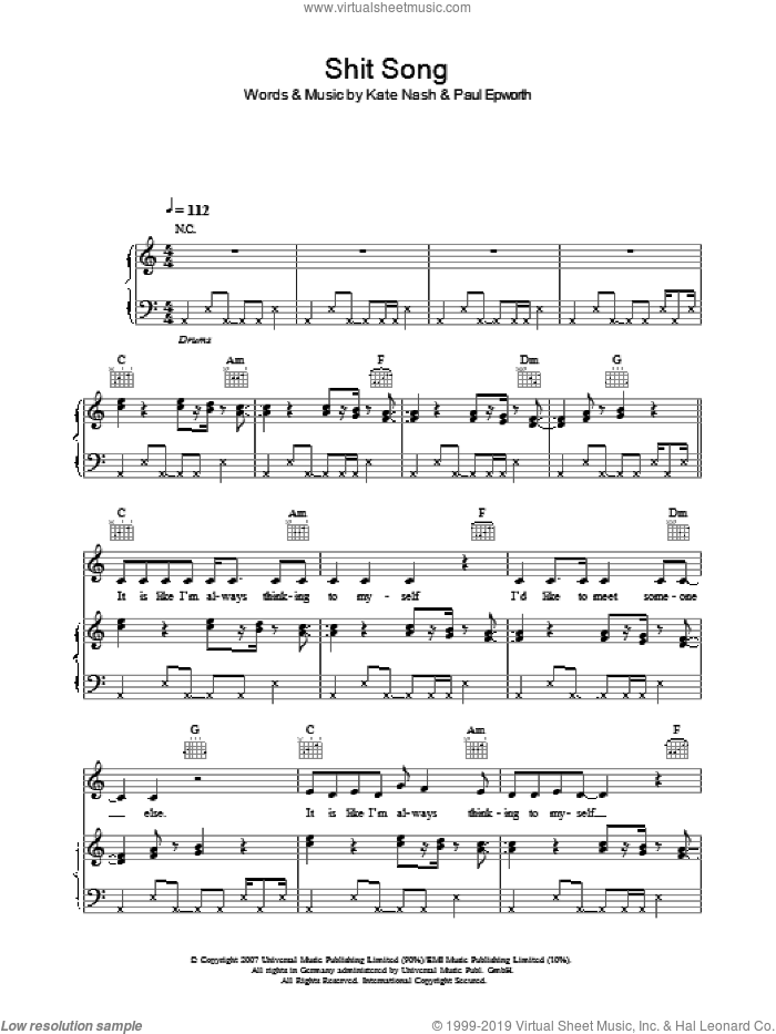 Shit Song sheet music for voice, piano or guitar by Kate Nash and Paul Epworth, intermediate skill level