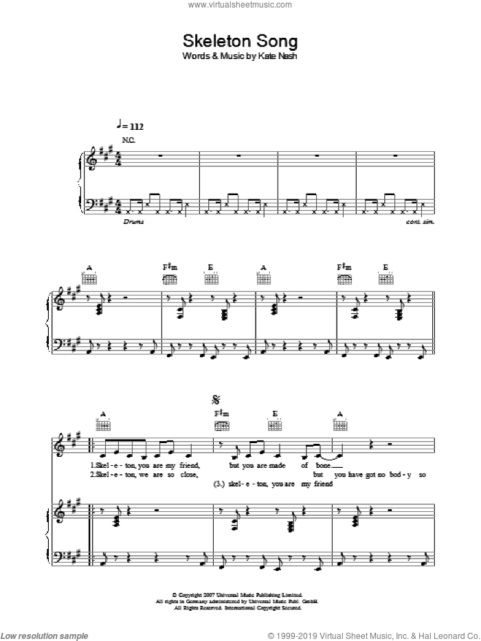 Skeleton Song sheet music for voice, piano or guitar by Kate Nash, intermediate skill level