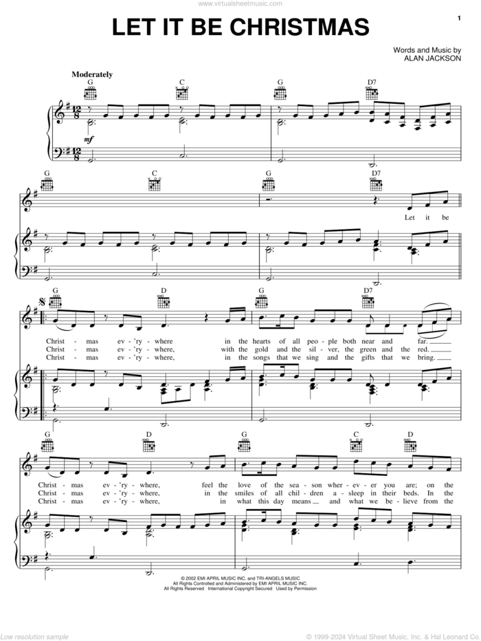 Let It Be Christmas sheet music for voice, piano or guitar by Alan Jackson, intermediate skill level