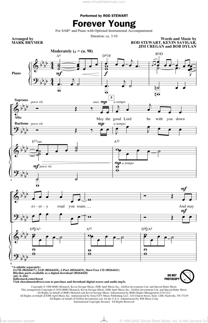 Forever Young sheet music for choir (SAB: soprano, alto, bass) by Bob Dylan, Mark Brymer, Jim Cregan, Kevin Savigar and Rod Stewart, intermediate skill level