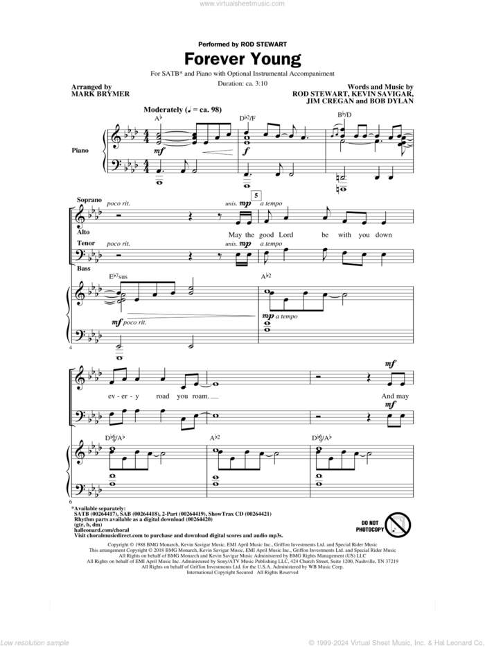 Forever Young sheet music for choir (SATB: soprano, alto, tenor, bass) by Bob Dylan, Mark Brymer, Jim Cregan, Kevin Savigar and Rod Stewart, intermediate skill level