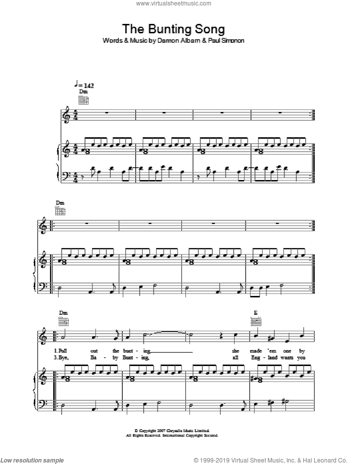 The Bunting Song sheet music for voice, piano or guitar by The Good The Bad & The Queen, Damon Albarn and Paul Simonon, intermediate skill level