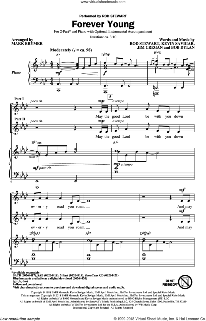 Forever Young sheet music for choir (2-Part) by Bob Dylan, Mark Brymer, Jim Cregan, Kevin Savigar and Rod Stewart, intermediate duet