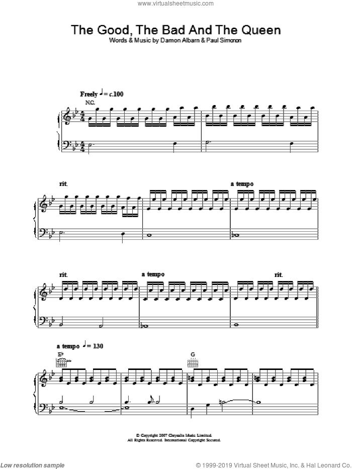 The Good The Bad And The Queen sheet music for voice, piano or guitar by The Good The Bad & The Queen, Damon Albarn and Paul Simonon, intermediate skill level