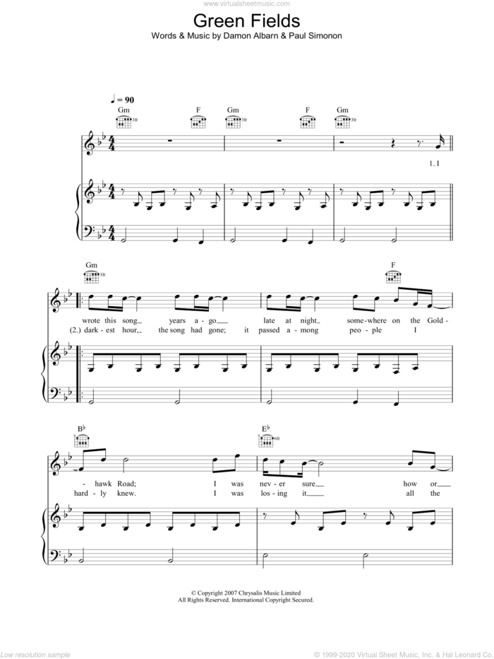 Green Fields sheet music for voice, piano or guitar by The Good The Bad & The Queen, Damon Albarn and Paul Simonon, intermediate skill level