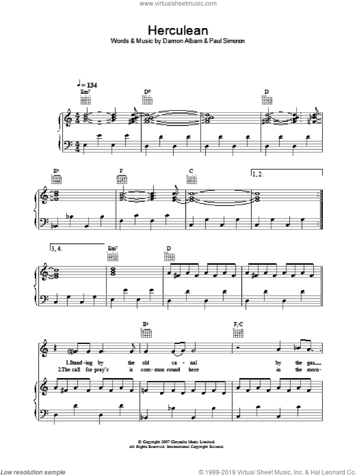 Herculean sheet music for voice, piano or guitar by The Good The Bad & The Queen, Damon Albarn and Paul Simonon, intermediate skill level