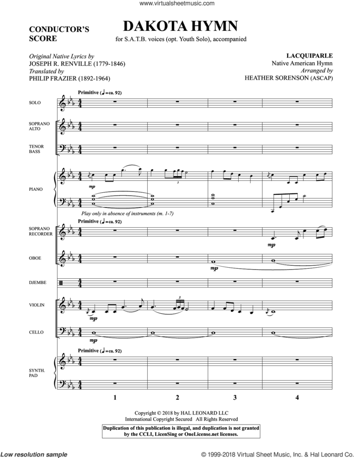 Dakota Hymn (COMPLETE) sheet music for orchestra/band by Heather Sorenson, Joseph R. Renville and Philip Frazier, intermediate skill level