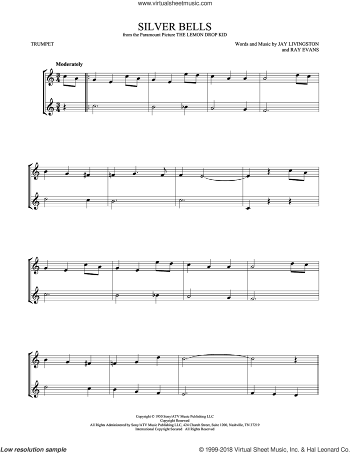 Silver Bells sheet music for two trumpets (duet, duets) by Jay Livingston and Ray Evans, intermediate skill level