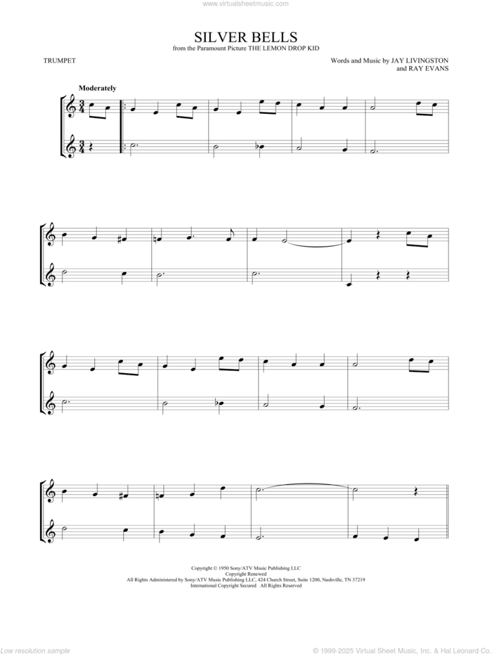 Silver Bells sheet music for two trumpets (duet, duets) by Jay Livingston and Ray Evans, intermediate skill level