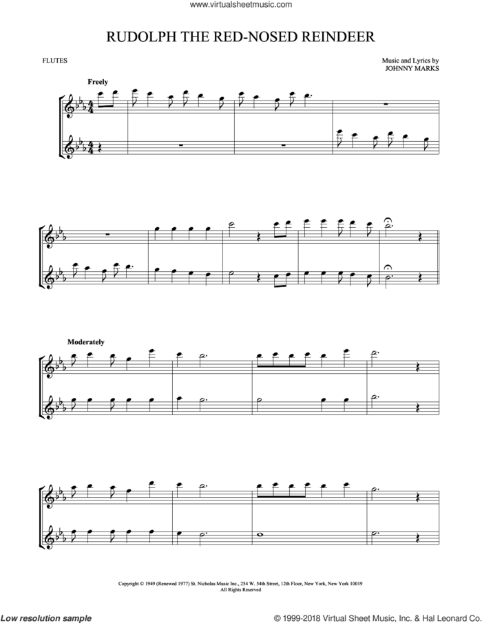 Rudolph The Red-Nosed Reindeer sheet music for two flutes (duets) by Johnny Marks, intermediate skill level