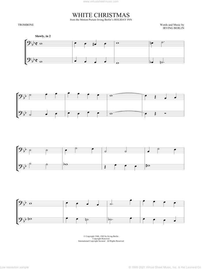 White Christmas sheet music for two trombones (duet, duets) by Irving Berlin, intermediate skill level