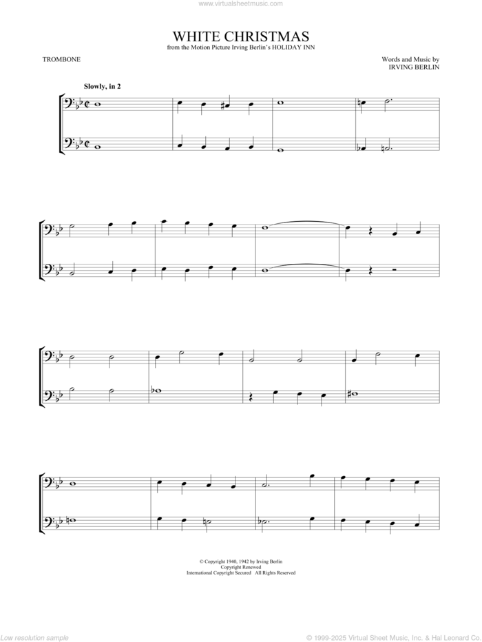 White Christmas sheet music for two trombones (duet, duets) by Irving Berlin, intermediate skill level