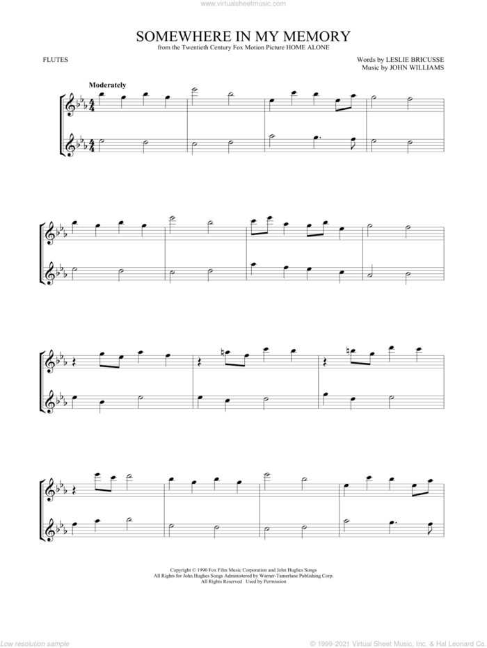 Somewhere In My Memory sheet music for two flutes (duets) by John Williams, intermediate skill level