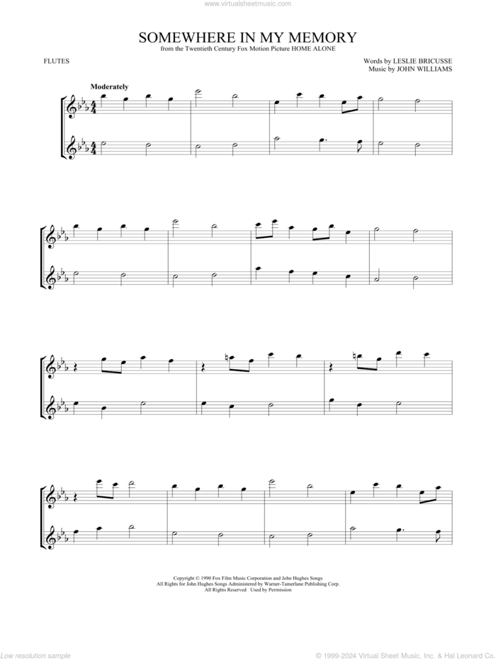 Somewhere In My Memory sheet music for two flutes (duets) by John Williams, intermediate skill level