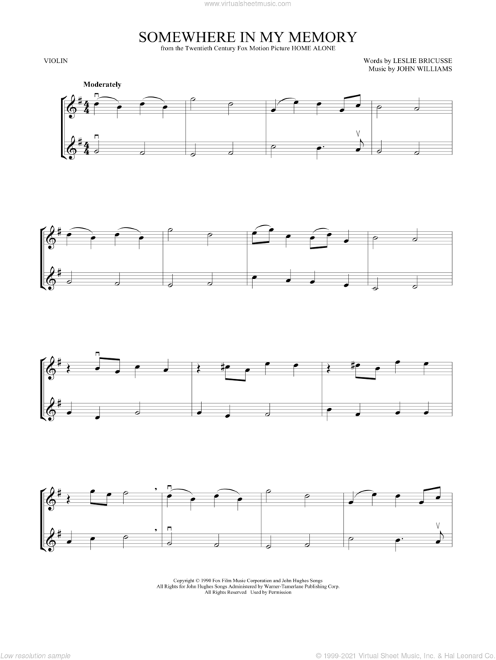 Somewhere In My Memory sheet music for two violins (duets, violin duets) by John Williams, intermediate skill level