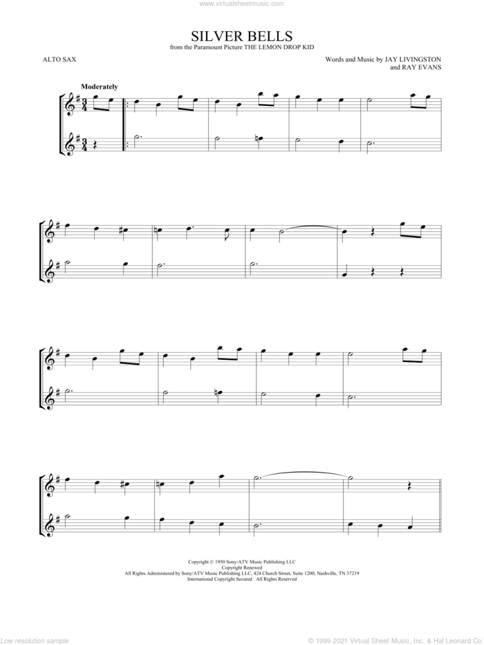 Silver Bells sheet music for two alto saxophones (duets) by Jay Livingston and Ray Evans, intermediate skill level