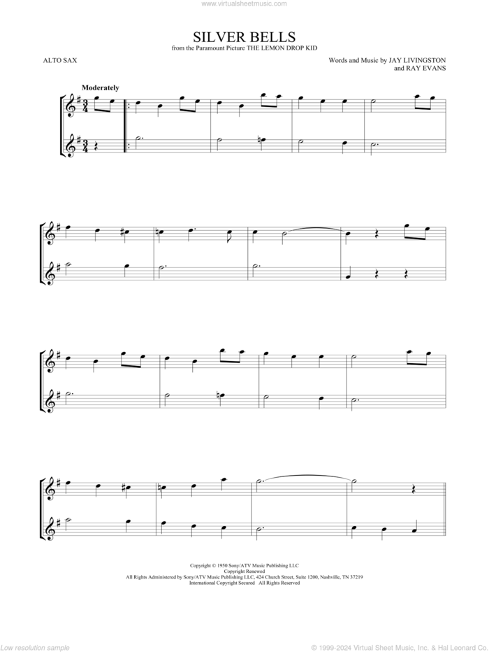 Silver Bells sheet music for two alto saxophones (duets) by Jay Livingston and Ray Evans, intermediate skill level