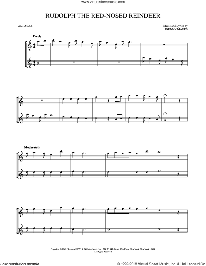 Rudolph The Red-Nosed Reindeer sheet music for two alto saxophones (duets) by Johnny Marks, intermediate skill level