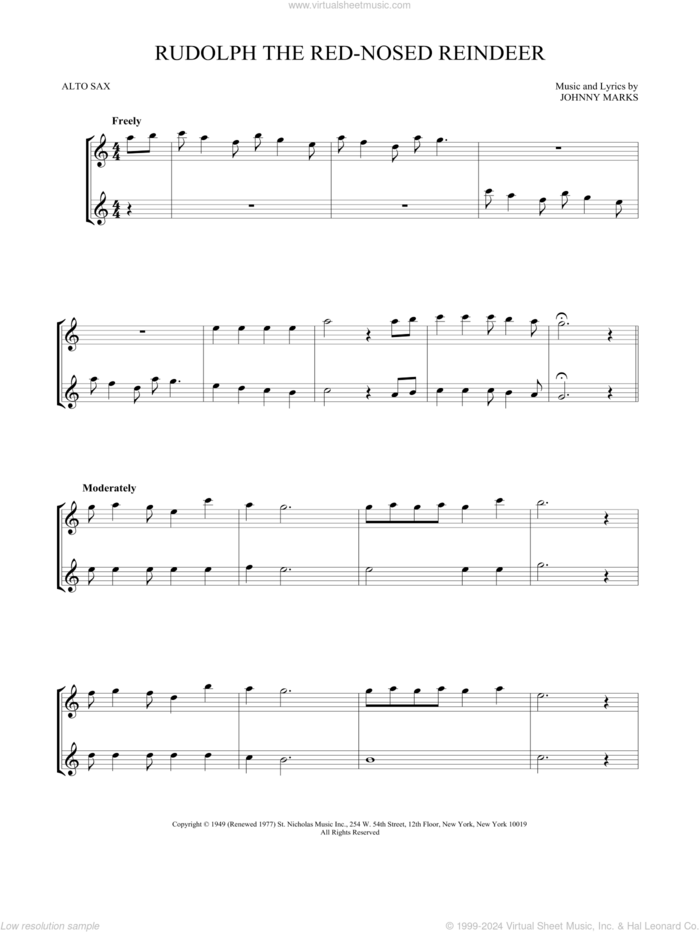 Rudolph The Red-Nosed Reindeer sheet music for two alto saxophones (duets) by Johnny Marks, intermediate skill level