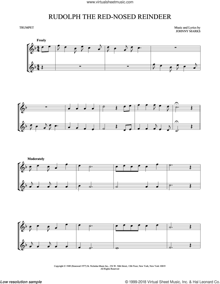 Rudolph The Red-Nosed Reindeer sheet music for two trumpets (duet, duets) by Johnny Marks, intermediate skill level