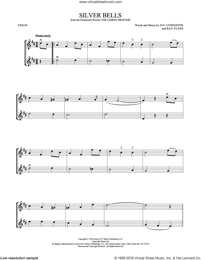 Silver Bells sheet music for two violins (duets, violin duets) by Jay Livingston and Ray Evans, intermediate skill level