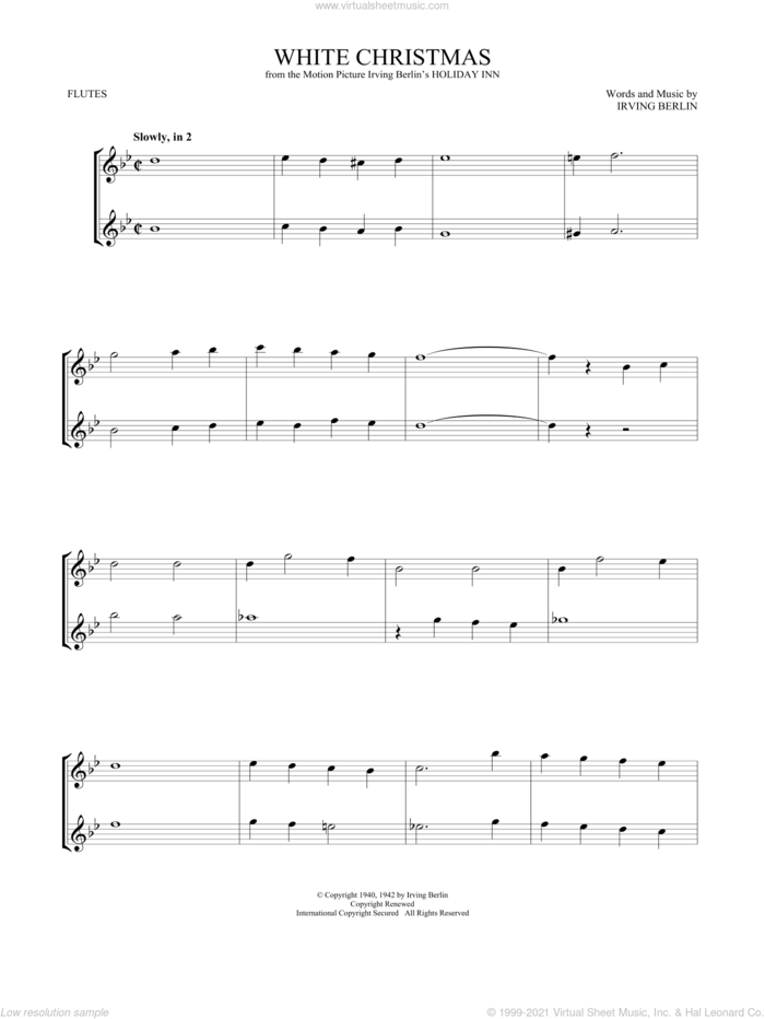 White Christmas sheet music for two flutes (duets) by Irving Berlin, intermediate skill level