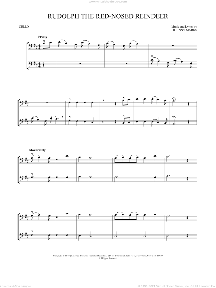 Rudolph The Red-Nosed Reindeer sheet music for two cellos (duet, duets) by Johnny Marks, intermediate skill level