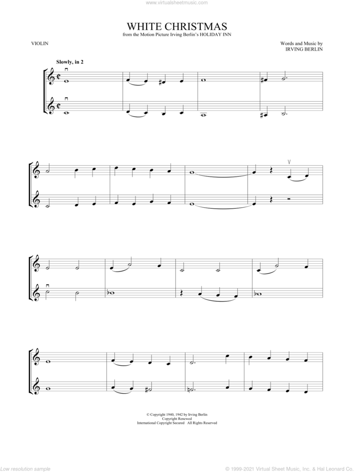 White Christmas sheet music for two violins (duets, violin duets) by Irving Berlin, intermediate skill level
