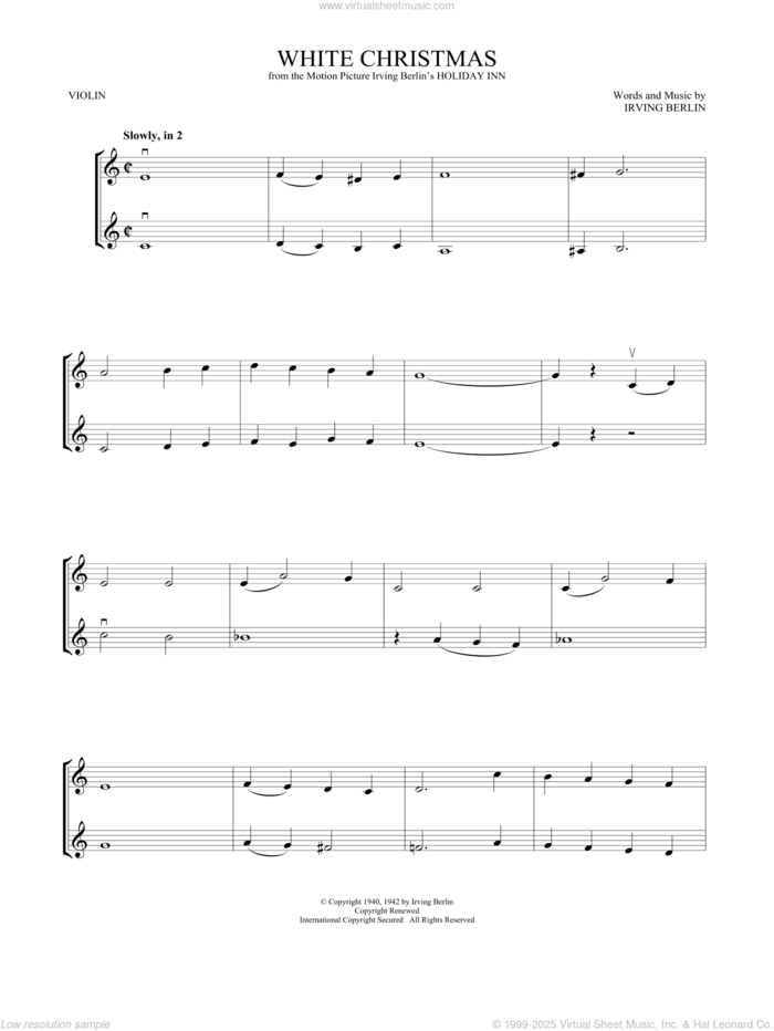 White Christmas sheet music for two violins (duets, violin duets) by Irving Berlin, intermediate skill level