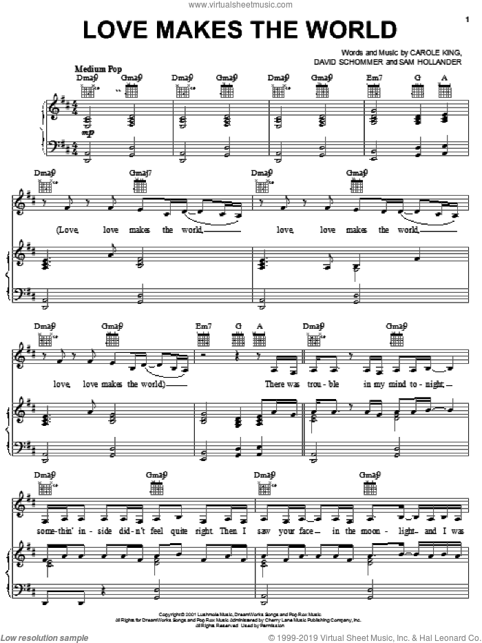 Love Makes The World sheet music for voice, piano or guitar by Carole King, David Schommer and Sam Hollander, intermediate skill level