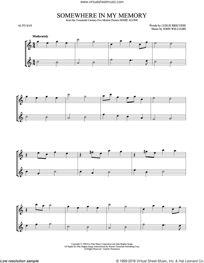 Somewhere In My Memory sheet music for two alto saxophones (duets) by John Williams, intermediate skill level