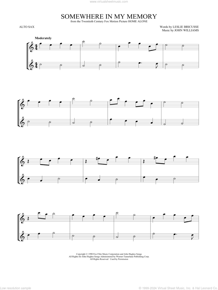 Somewhere In My Memory sheet music for two alto saxophones (duets) by John Williams, intermediate skill level