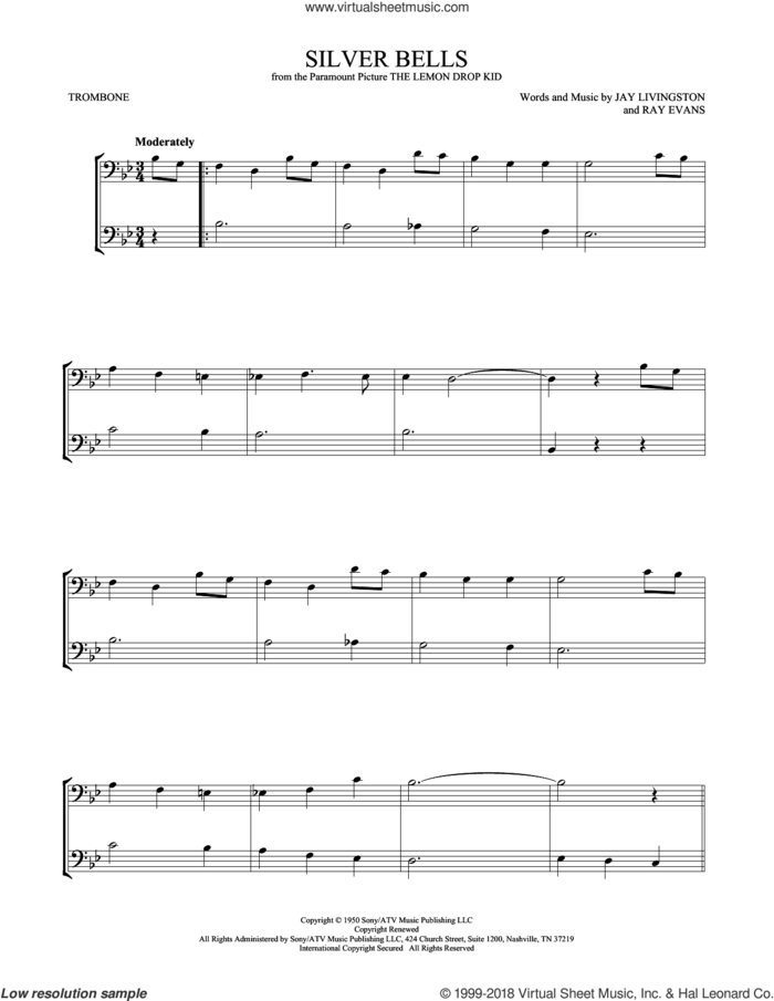 Silver Bells sheet music for two trombones (duet, duets) by Jay Livingston and Ray Evans, intermediate skill level