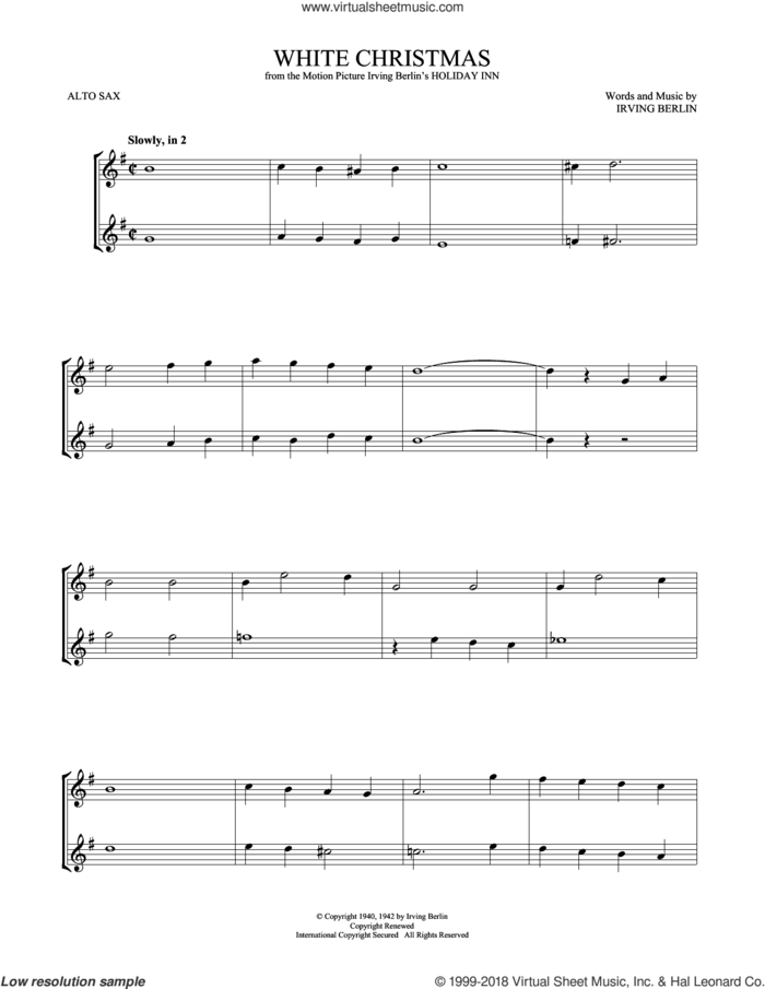 White Christmas sheet music for two alto saxophones (duets) by Irving Berlin, intermediate skill level