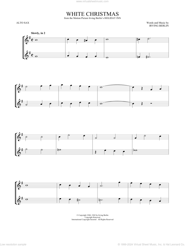 White Christmas sheet music for two alto saxophones (duets) by Irving Berlin, intermediate skill level