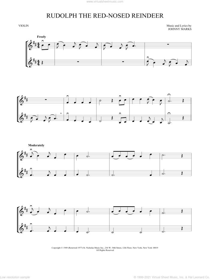 Rudolph The Red-Nosed Reindeer sheet music for two violins (duets, violin duets) by Johnny Marks, intermediate skill level