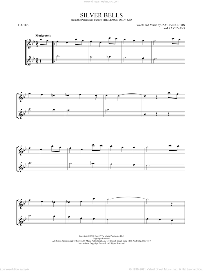 Silver Bells sheet music for two flutes (duets) by Jay Livingston and Ray Evans, intermediate skill level