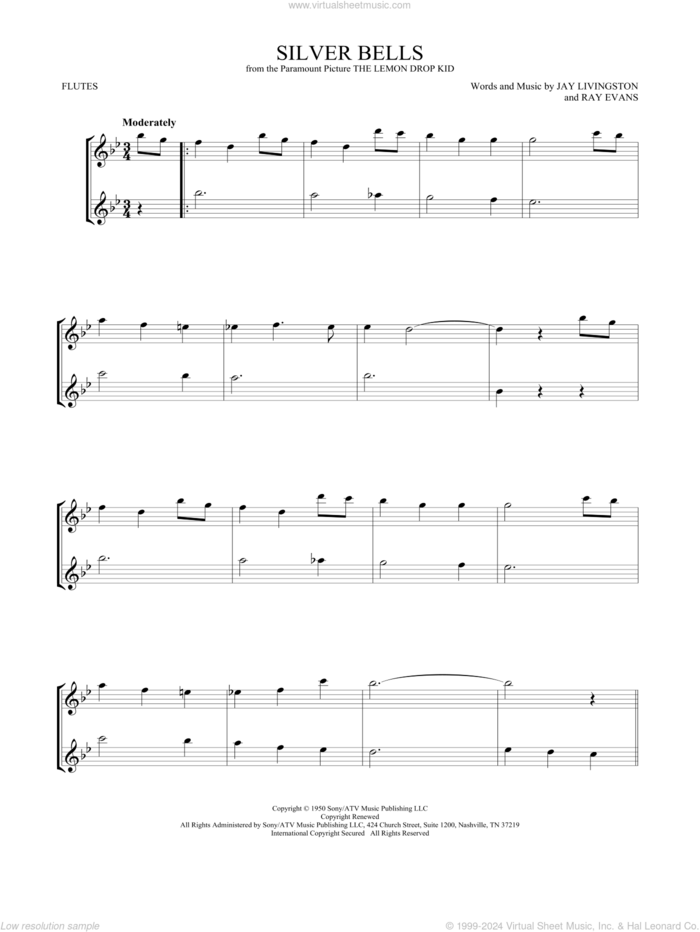 Silver Bells sheet music for two flutes (duets) by Jay Livingston and Ray Evans, intermediate skill level