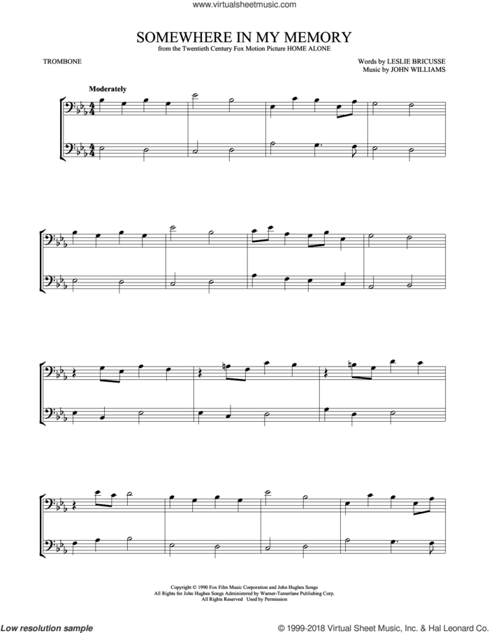 Somewhere In My Memory sheet music for two trombones (duet, duets) by John Williams, intermediate skill level