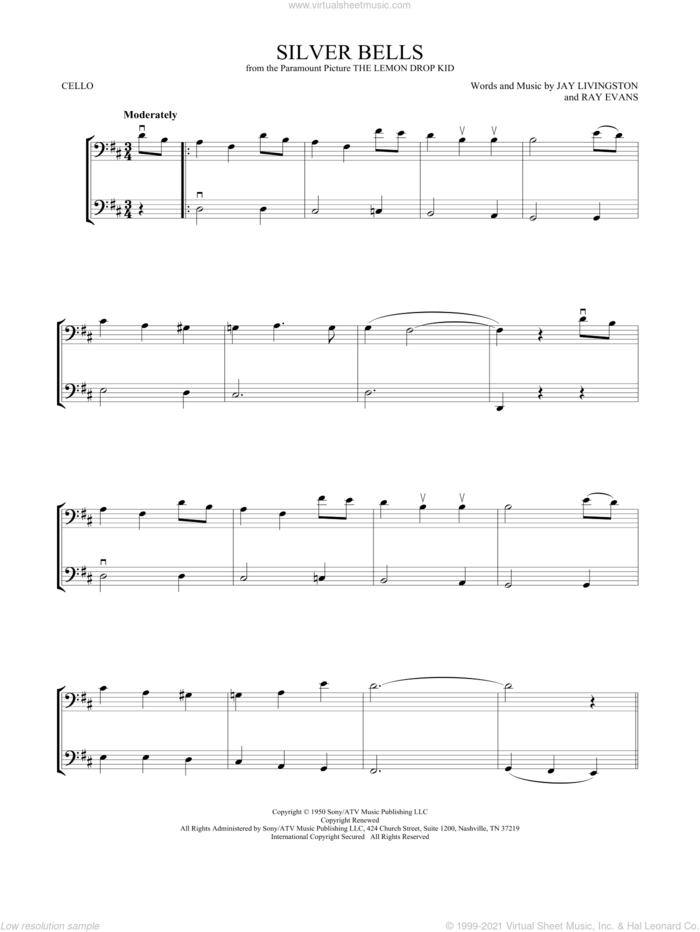 Silver Bells sheet music for two cellos (duet, duets) by Jay Livingston and Ray Evans, intermediate skill level