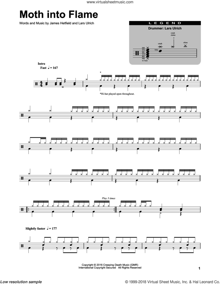 Moth Into Flame sheet music for drums by Metallica, James Hetfield and Lars Ulrich, intermediate skill level