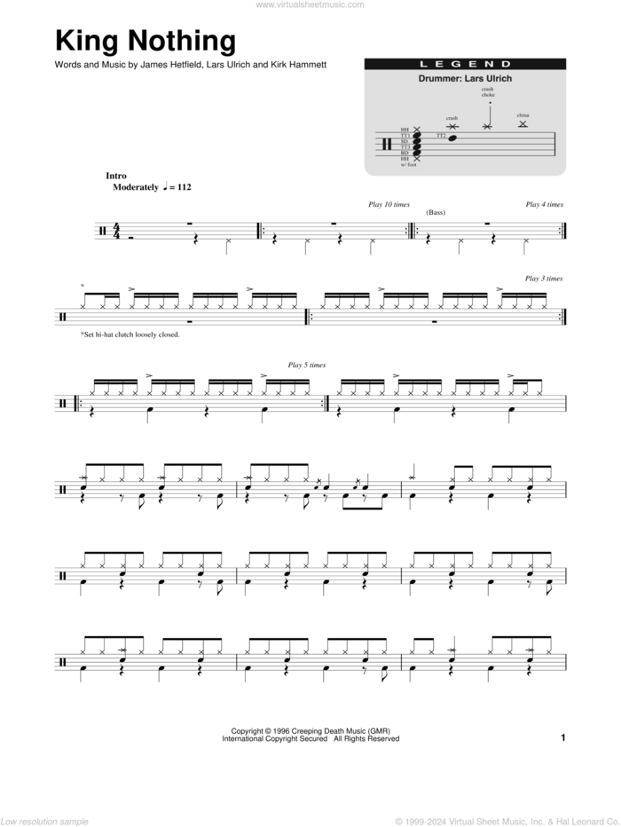 King Nothing sheet music for drums by Metallica, James Hetfield, Kirk Hammett and Lars Ulrich, intermediate skill level