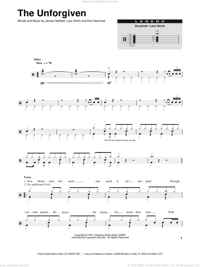 The Unforgiven sheet music for drums by Metallica, James Hetfield, Kirk Hammett and Lars Ulrich, intermediate skill level