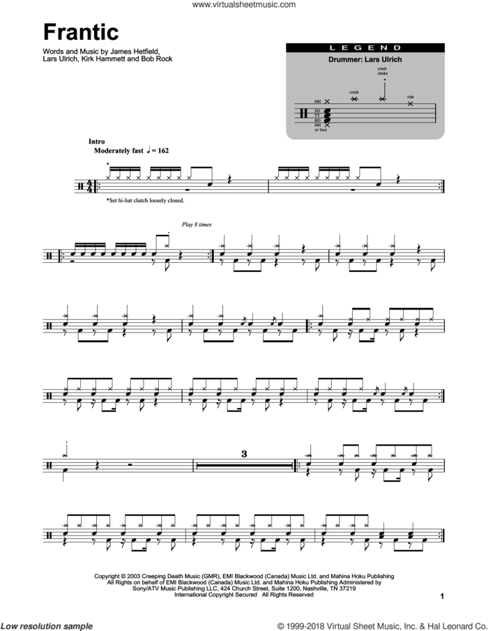 Frantic sheet music for drums by Metallica, Bob Rock, James Hetfield, Kirk Hammett and Lars Ulrich, intermediate skill level